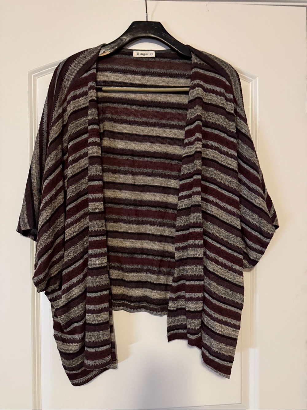 Ginger G Ladies size L Burgundy & Gray Striped Open Cardigan with wide sleeves.